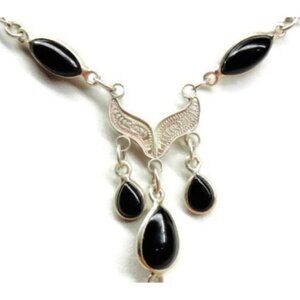 17" Necklace Filigree Black Onyx Teardrop Dangle Chain Vtg Sterling Silver 925